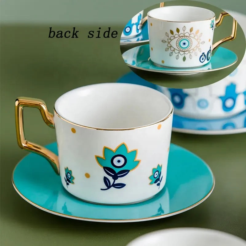 Navy Blue Ceramic Tea Cup Set with Blue Eye Design