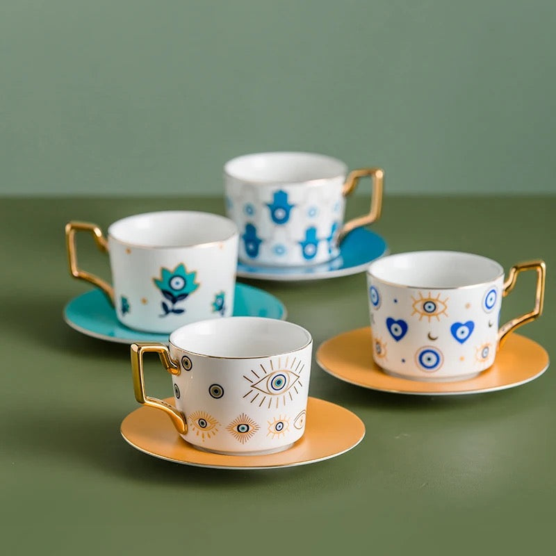 Navy Blue Ceramic Tea Cup Set with Blue Eye Design