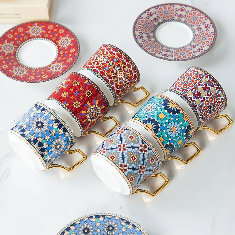 Islamic Style Small Luxury Coffee Cup Set in Red, Perfect for British Afternoon Tea. Includes Cup and Saucer.