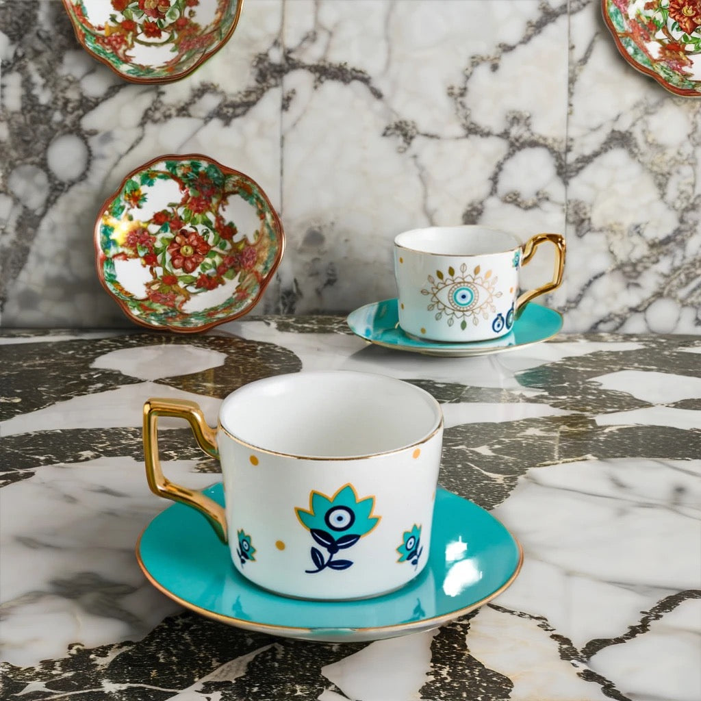 Navy Blue Ceramic Tea Cup Set with Blue Eye Design