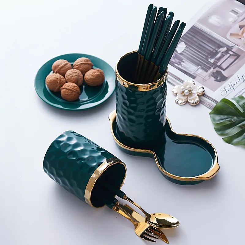 Ceramic Chopsticks Container and Drainer - Green