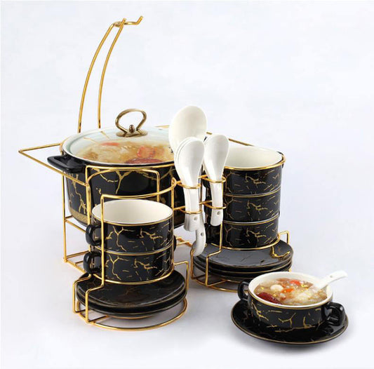 Large-Capacity Black Ceramic Pot with Iron Frame, Six Small Bowls, Saucers, and Seven Spoons