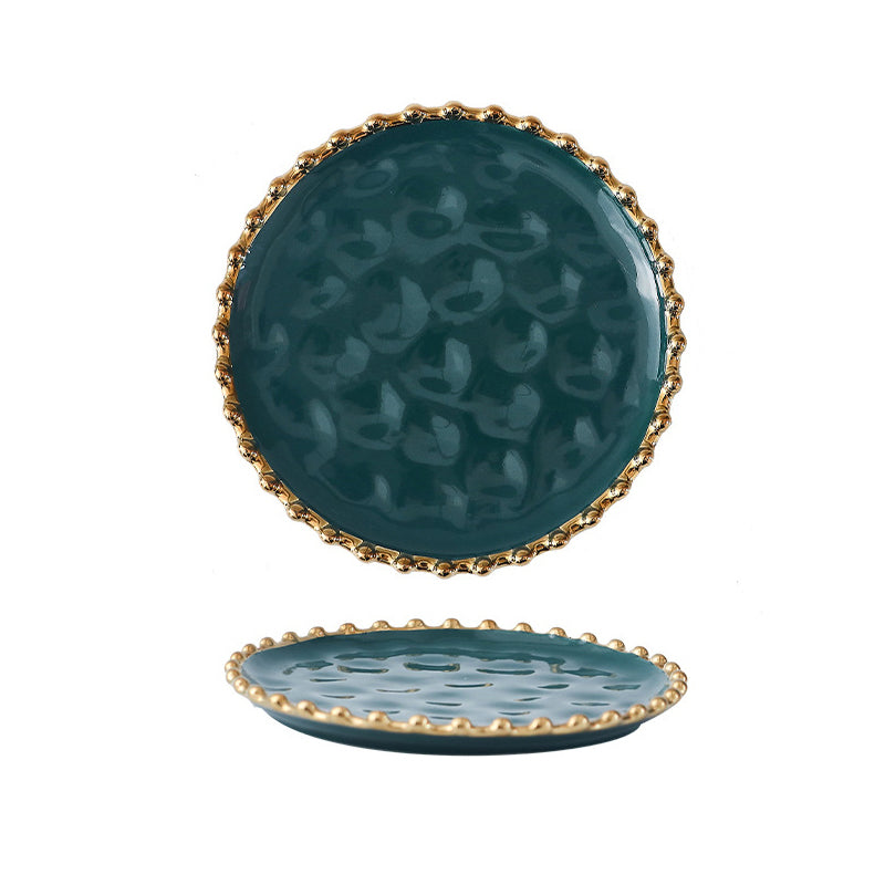 Set of 3 sizes round Ceramic Plates with Golden Edges - Green