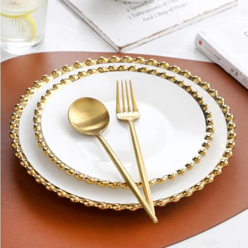 Set of 3 Round Ceramic Plates with Golden Edges - 10 in