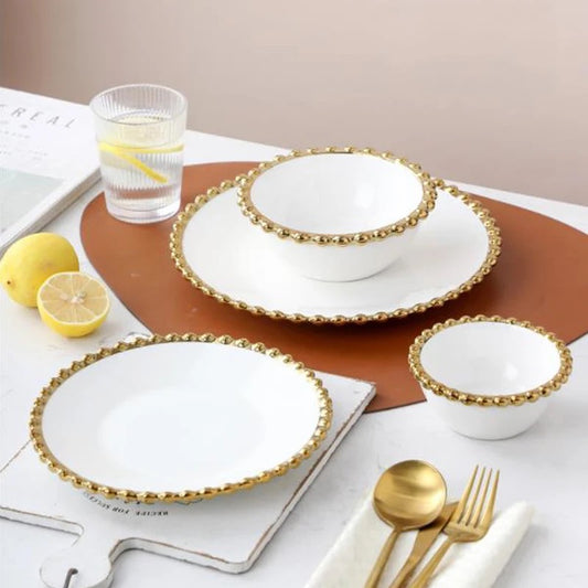 Set of 3 Round Ceramic Plates with Golden Edges - 10 in