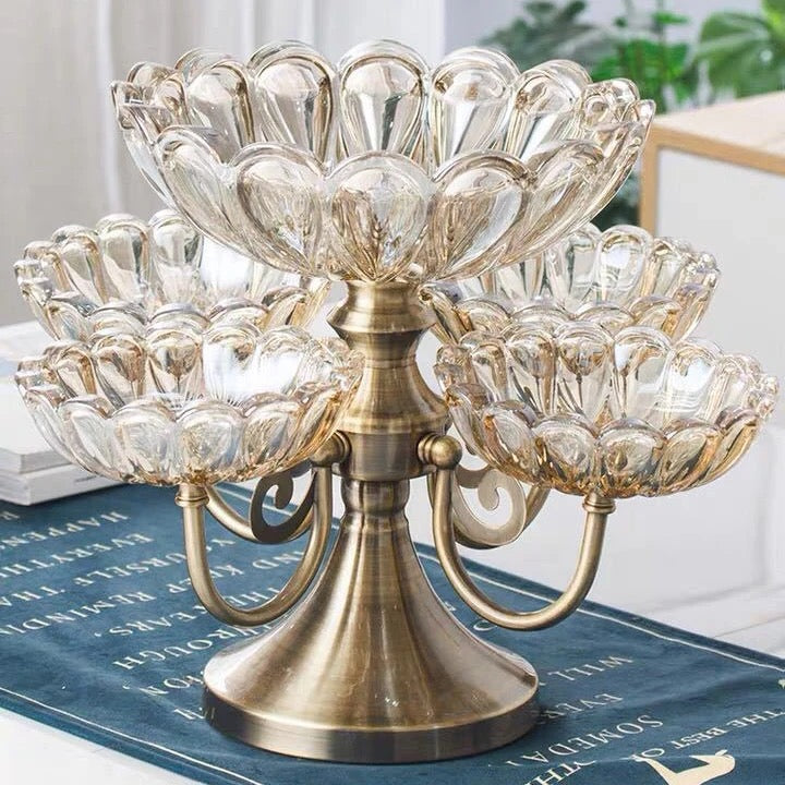 European Large Glass Serving Tray Set with 5 Rotating Petal Porcelain Crystal Bowls