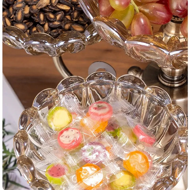 European Large Glass Serving Tray Set with 5 Rotating Petal Porcelain Crystal Bowls