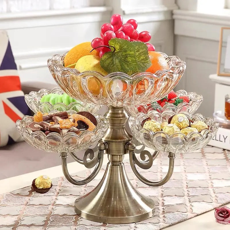 European Large Glass Serving Tray Set with 5 Rotating Petal Porcelain Crystal Bowls