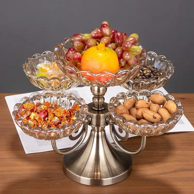 European Small Glass Serving Tray Set with 5 Rotating Petal Porcelain Crystal Bowls