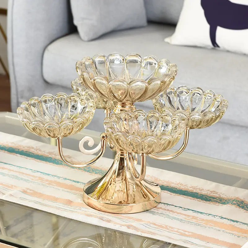 European Small Glass Serving Tray Set with 5 Rotating Petal Porcelain Crystal Bowls