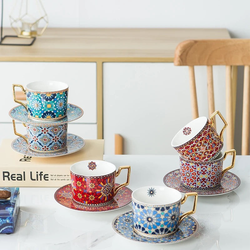 Islamic Style Small Luxury Coffee Cup Set in Red, Perfect for British Afternoon Tea. Includes Cup and Saucer.