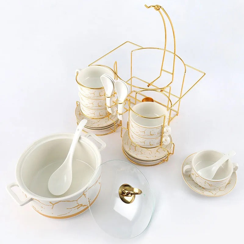 Large-capacity White Ceramic Pot with Iron Frame, Six Small Bowls, Saucers, and Seven Spoons