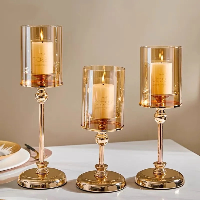 Set of three glass-Metal Alloy Candlestick Holders