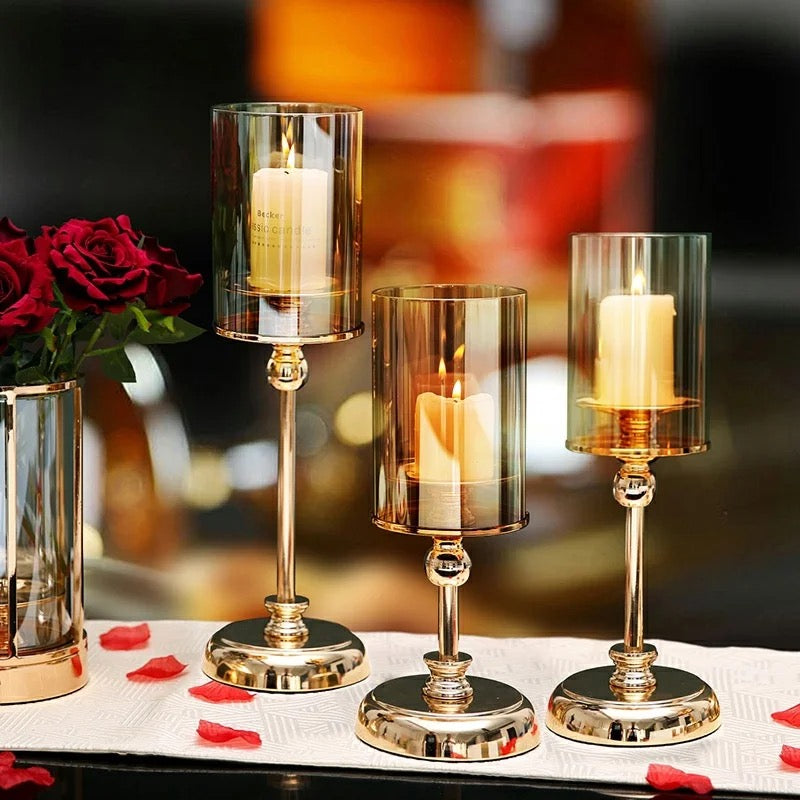 Set of three glass-Metal Alloy Candlestick Holders