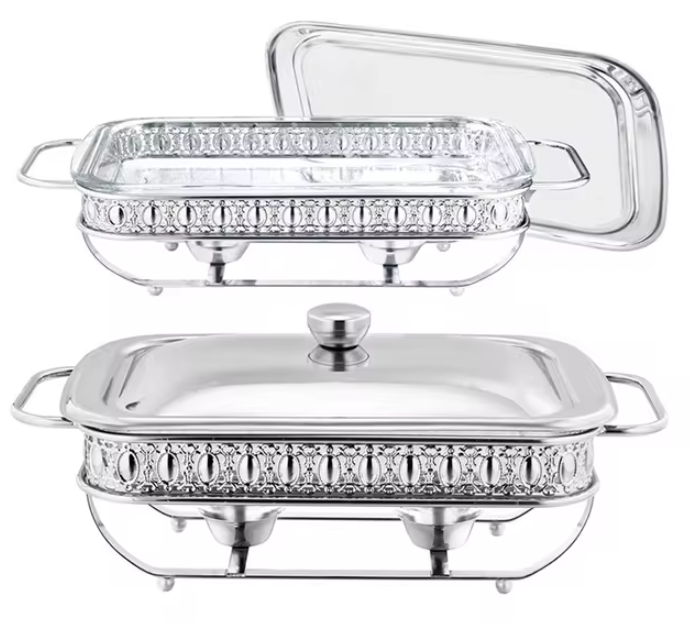 A Silver Frame Chafing Dish Buffet Set with Fuel Holder and Rectangle Food Warming Tray