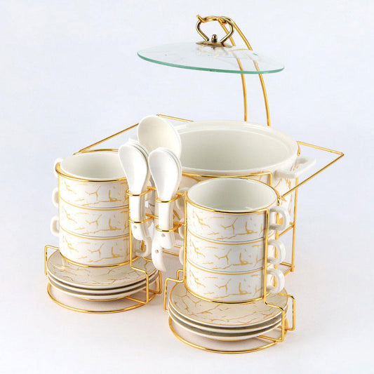 Large-capacity White Ceramic Pot with Iron Frame, Six Small Bowls, Saucers, and Seven Spoons